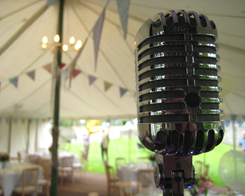 Vintage vocalist's view of Golden Wedding celebration party in marquee