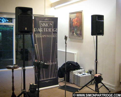Wedding singer's equipment set up for wedding breakfast at Leicestershire venue Catthopre Manor